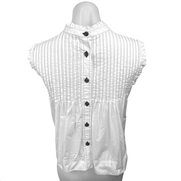 Ganni White Pintucked Ruffle Mock Neck Back Button Up Babydoll Blouse Top Size 8 - Picture 11 of 15